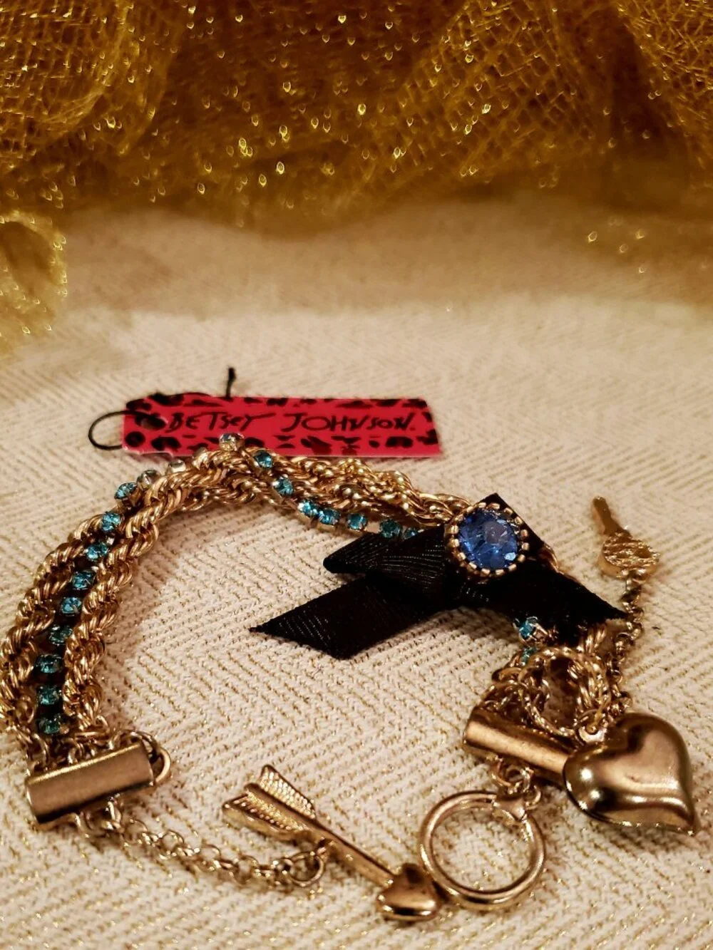 Blue Crystal & Black Bow Charm Bracelet – Gold Tone Multi-Strand Betsey Johnson
